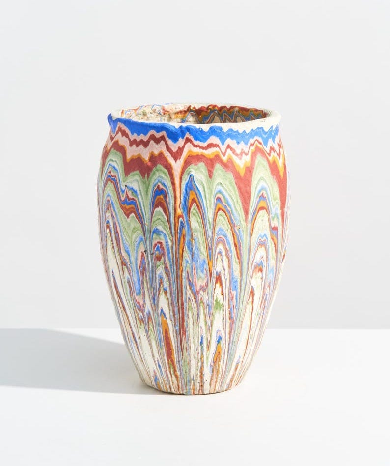 1940s Vintage Ozark Roadside Pottery Vase with Colorful Marbled Drip Glaze image 1