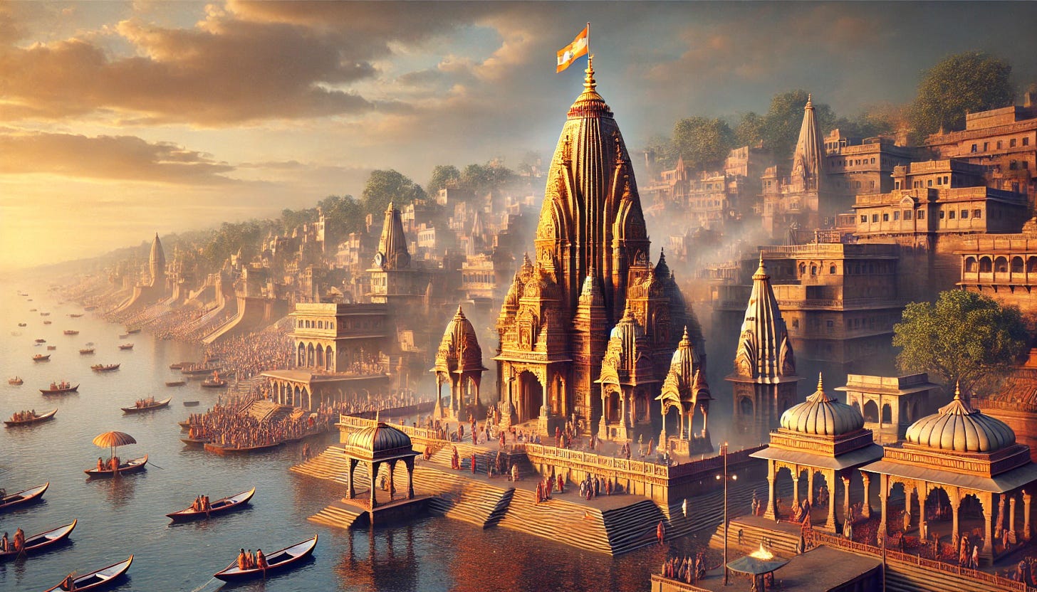 A realistic landscape image of the Kashi Vishwanath Temple in Varanasi. The temple should be depicted in the traditional North Indian architectural style with intricate carvings and golden spire (shikhara) rising above. Surrounding the temple, show the vibrant atmosphere of the ghats along the Ganges River, with a mix of pilgrims and locals engaged in religious rituals. The sacred aura of the place should be reflected by soft lighting, highlighting the details of the temple, the holy river, and the surrounding structures. Include a peaceful sky, possibly with a warm sunrise or sunset glow.