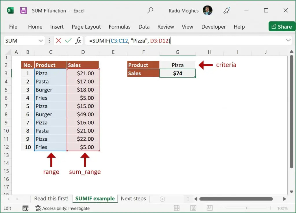 How to use SUMIF function in Excel - by Radu