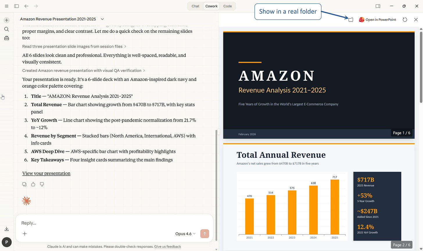 Cowork Example: A professional PowerPoint presentation you can edit (unlike in NotebookLM, slides are not pictures) Cowork Example: A professional PowerPoint presentation you can edit (unlike in NotebookLM, slides are not pictures)