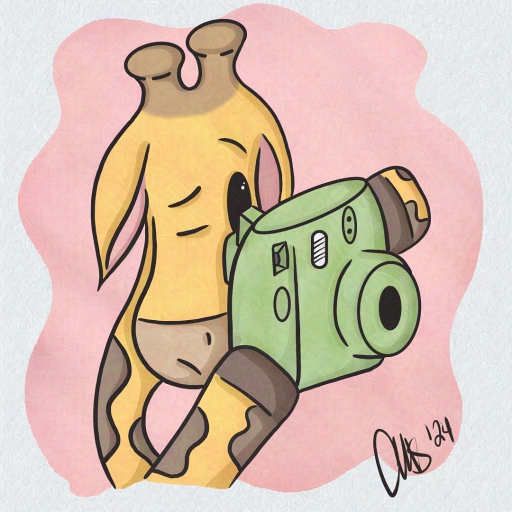 Gigi the giraffe is holding her green camera up to her eye to take a picture.