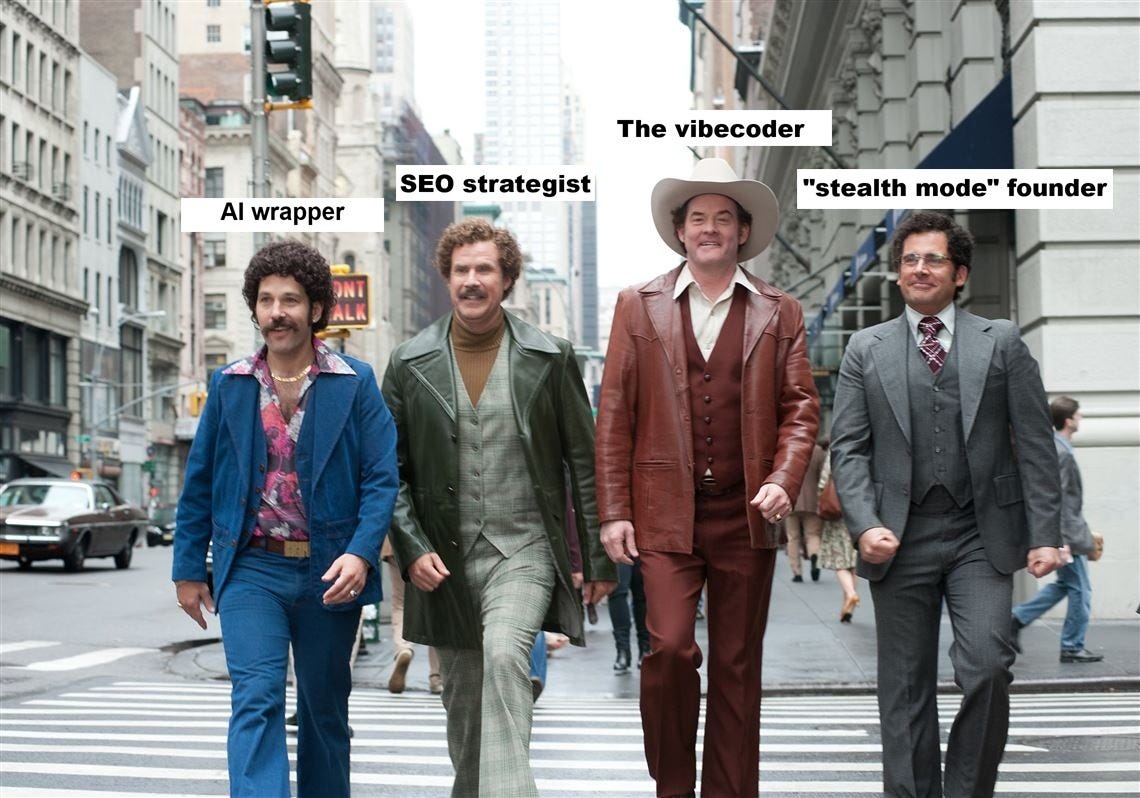 Four men in 1970s suits walking down a city street with labels identifying them as an AI wrapper, SEO strategist, vibecoder, and stealth mode founder.