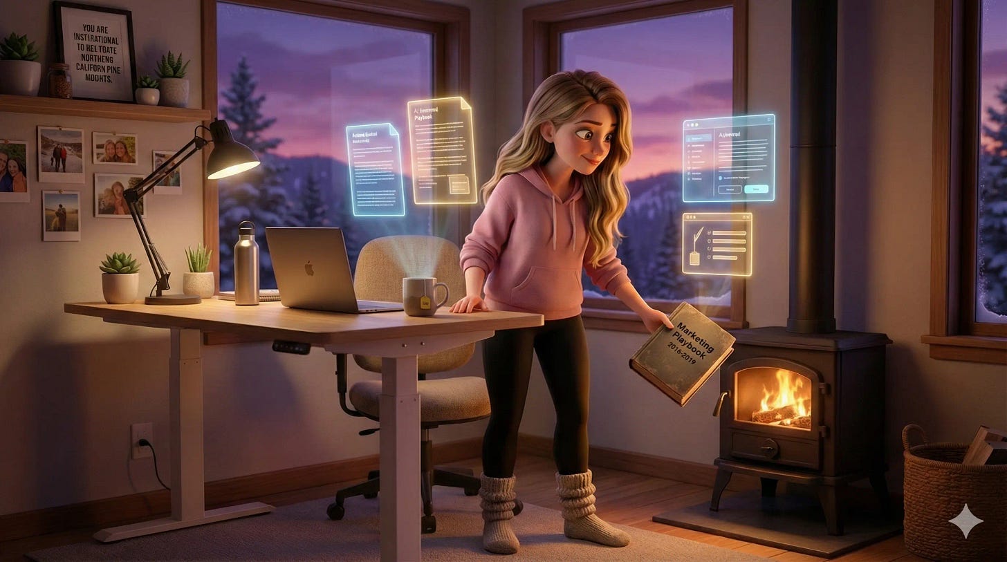 Pixar-style 3D woman in hoodie and leggings standing in cozy mountain home office at dusk, placing old Marketing Playbook 2016-2019 into wood-burning stove while glowing holographic AI documents float around her, Northern California pine trees visible through windows