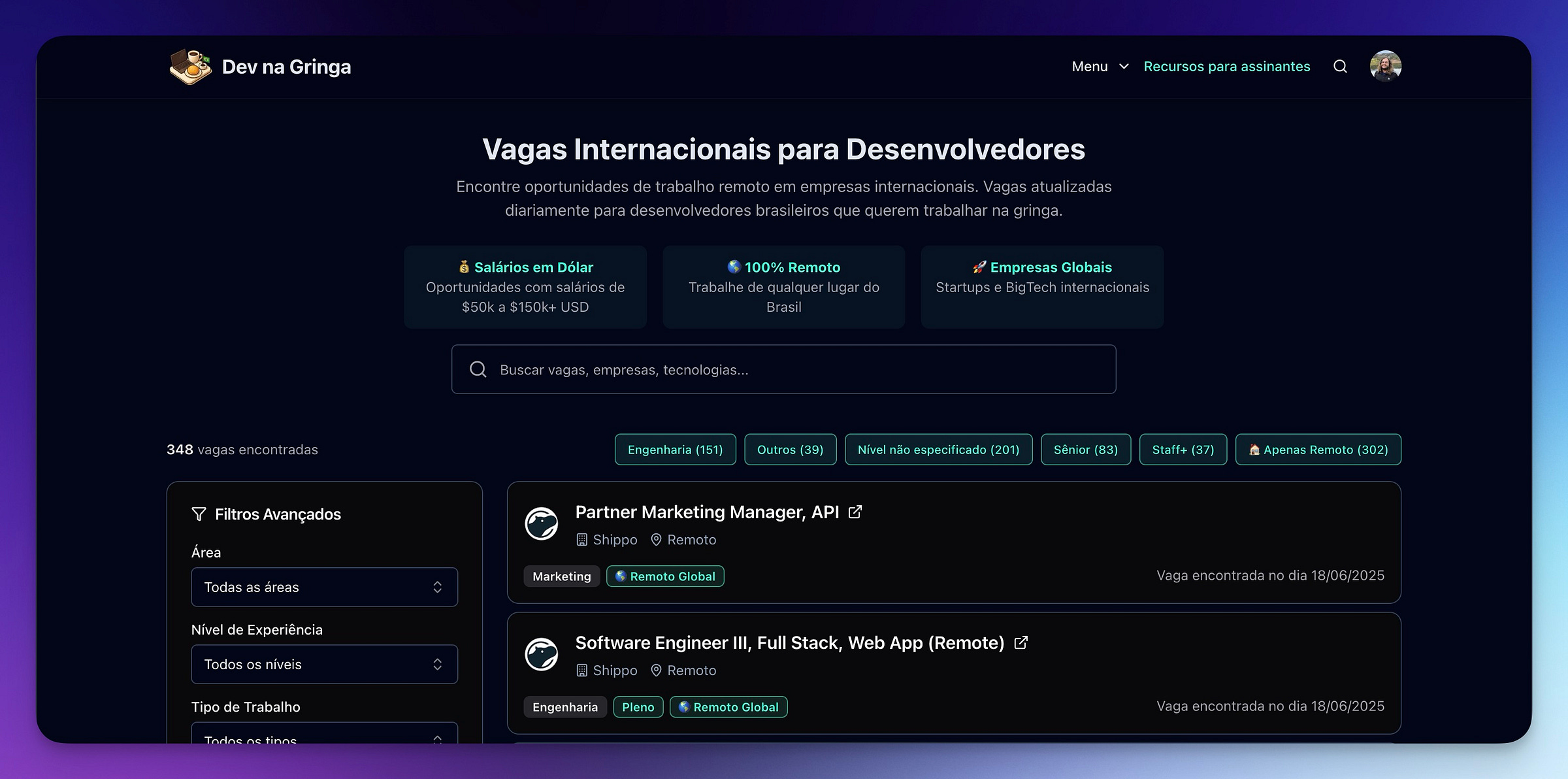 O agregador de vagas do Dev na Gringa