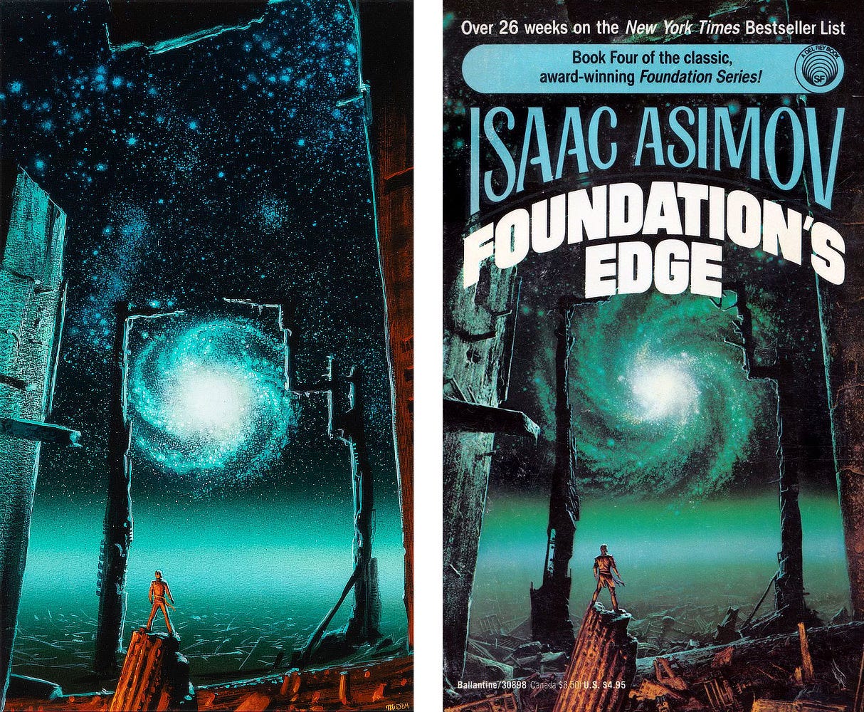Color study and cover side-by-side.  In the rubble of Trantor, a man stands on a broken pillar to gaze out a galactic spiral spinning brightly against a celestial canvas of stars. The immediate foreground is lit to give it an earthy red tint while the vista of planetary wreckage is gray-green leading up to a brilliant starscape of green and blue. Crumbling structures form a series of frames to give a sense of distance across the ruined surface of the planet.
