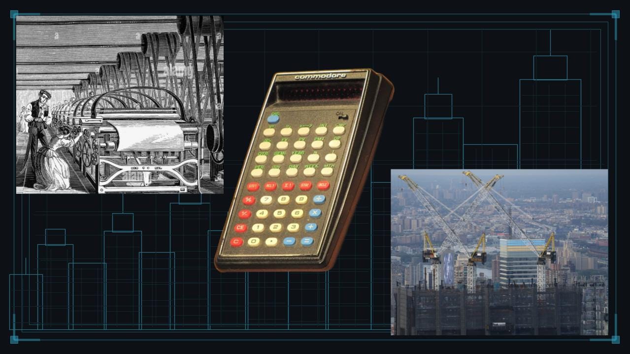 A dark, blueprint-style slide combines three images representing technological change: an early industrial loom in a factory, a vintage Commodore calculator, and cranes constructing a modern high-rise. Thin cyan outlines of buildings and a technical grid form the background.
