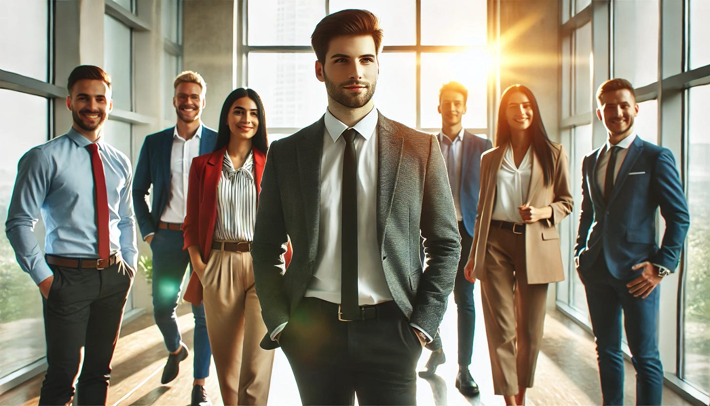 A 16:9 image showing a diverse group of professionals in a modern office, with one person confidently stepping forward while others remain slightly in the background. The atmosphere conveys leadership, individuality, and confidence. The focus should be on the individual standing out, symbolizing the main character mindset, with natural light creating a motivational and positive environment. No text included.