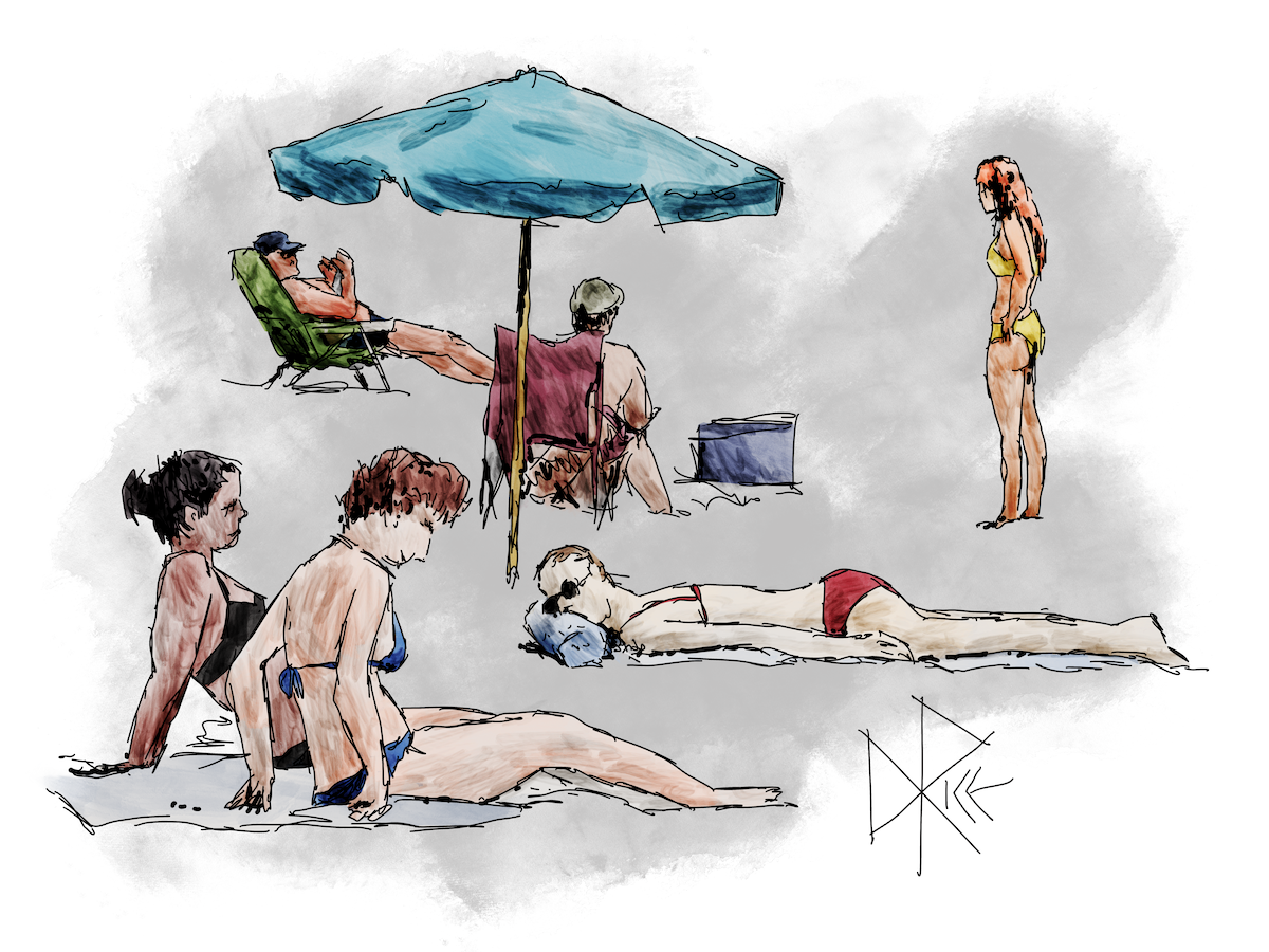 People on a beach enjoy a hot and sunny afternoon. Sketch art by Don Rice. People on a beach enjoy a hot and sunny afternoon. Sketch art by Don Rice.
