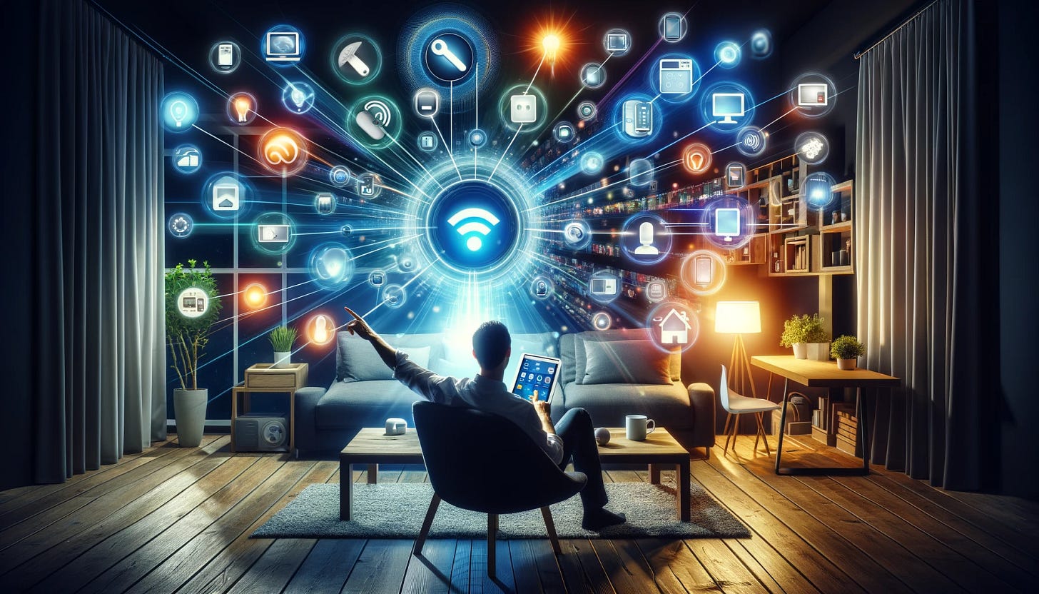 A dynamic image showing a person at home, orchestrating a variety of smart home devices with a single tablet or smartphone. The devices include smart lights, security systems, entertainment units, and home appliances, all responding to the person's commands. The individual is relaxed, yet in full command, highlighting the concept of the end user having ultimate power and convenience in their living space.