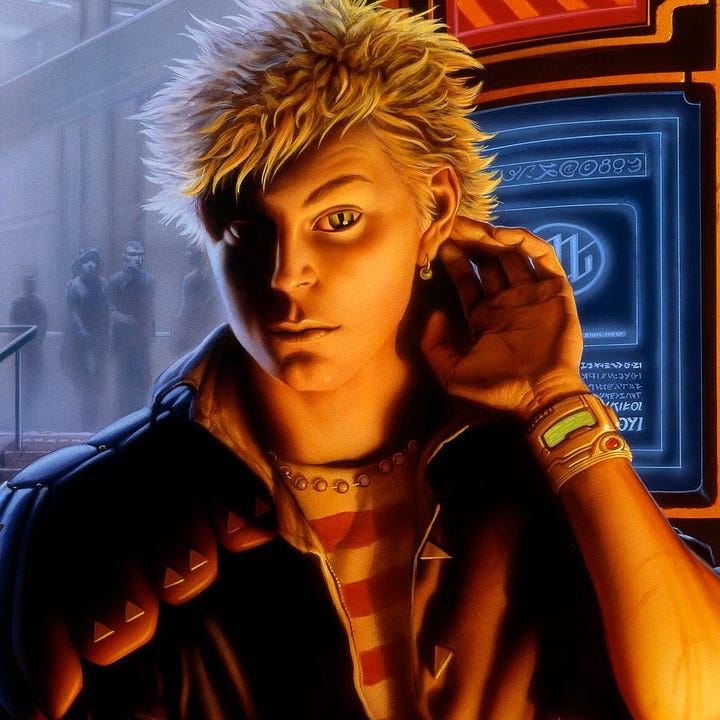 LEFT: Detail from CATSPAW featuring the protagonist brightly lit in front of a display screen. Over his shoulder, the view out of the alley reveals a futuristic city street where people are strolling by. RIGHT: Close detail from CATSPAW featuring the protagonist probing the skin just behind his ear. His irises are vibrant green with pupils spilt down the center like a cat's eyes.
