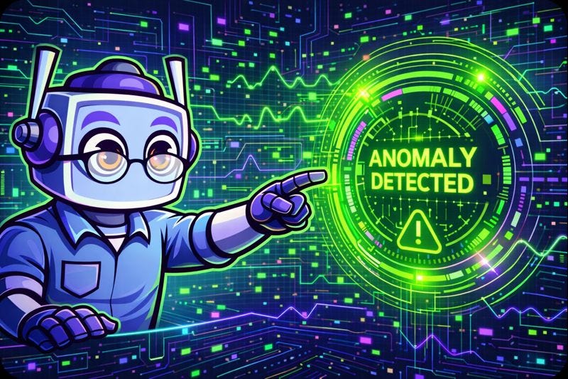 Cartoon robot activates a glowing real-time anomaly detection interface, highlighting “Anomaly Detected” amid colorful data charts and digital circuitry in a vibrant cyber-style background.