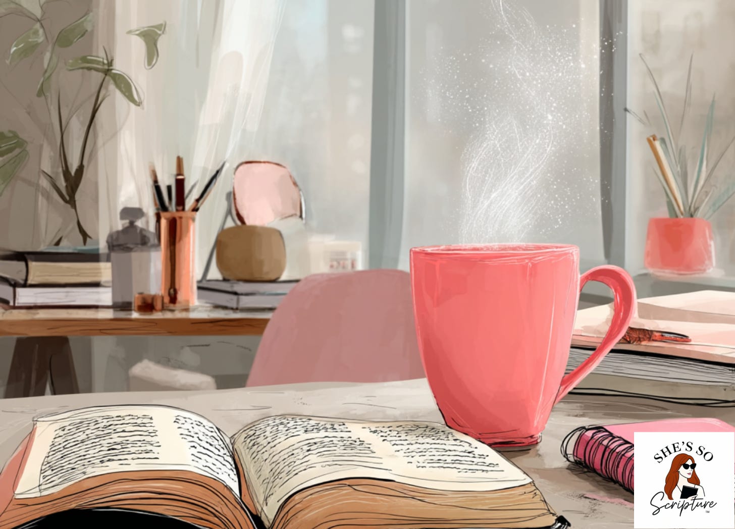 An open Bible and steaming coffee mug on a desk in soft winter light, creating a calm and secure devotional moment. An open Bible and steaming coffee mug on a desk in soft winter light, creating a calm and secure devotional moment.