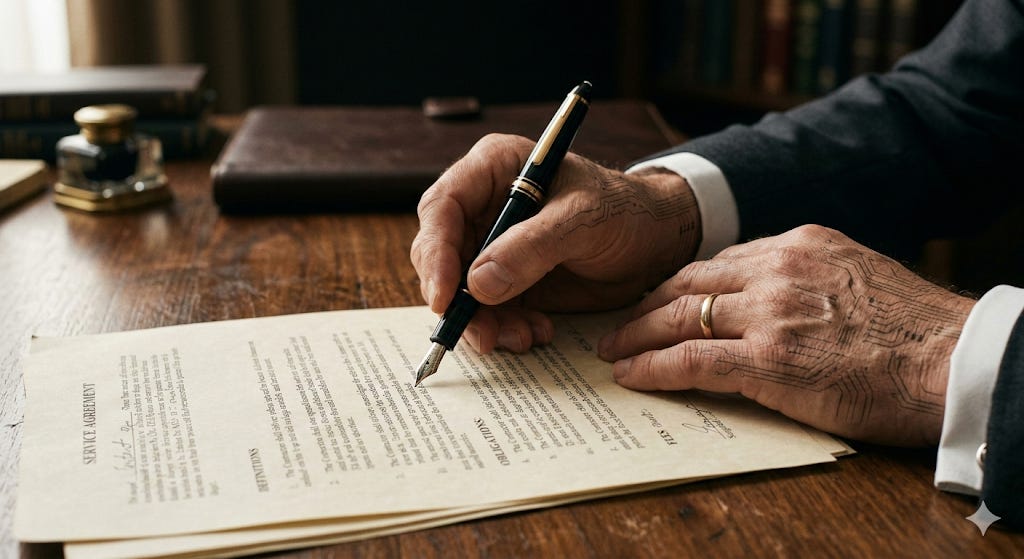Mãos de advogado segurando caneta sobre documento jurídico, com padrões de circuito integrado sutis na pele — representando a integração entre julgamento humano e inteligência artificial na advocacia.