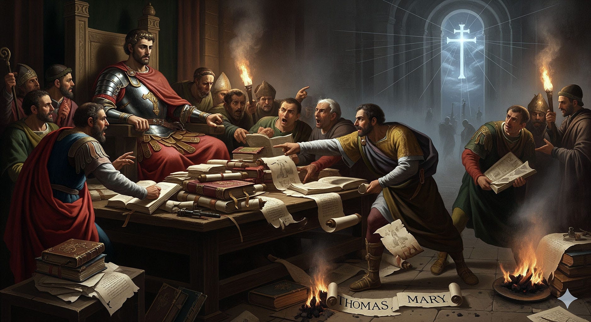 Illustration of Constantine presiding over bishops at the Council of Nicaea, with discarded gospels on the floor, symbolizing how Christian belief was rewritten by politics and power.