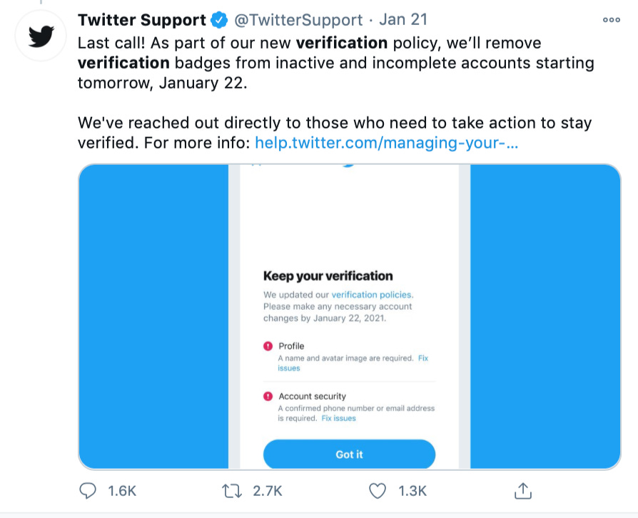 Tweet about verification policy Tweet about verification policy