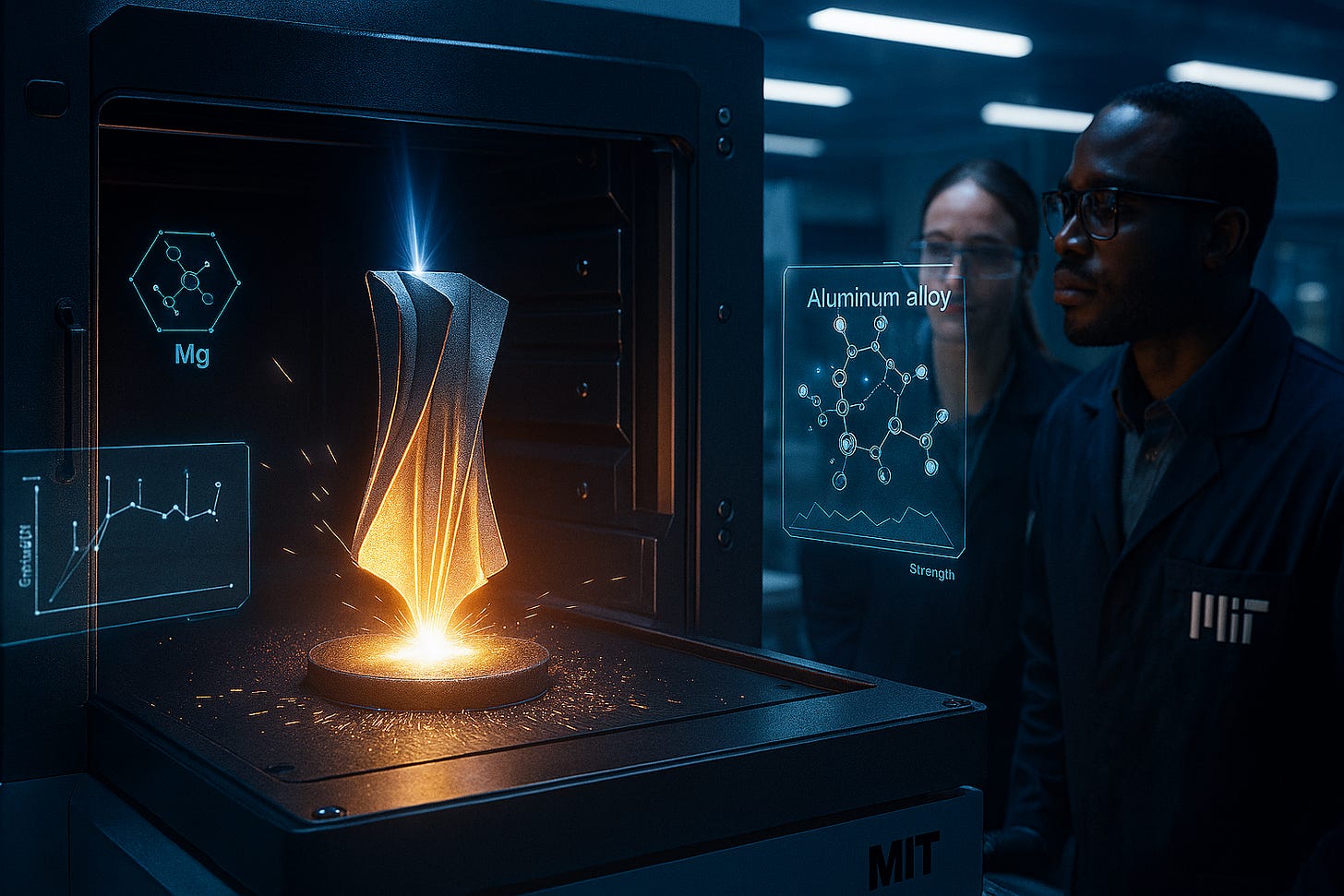 A futuristic MIT research lab where engineers are observing a 3D metal printer fabricating a glowing aluminum alloy turbine blade. The printer emits a bright, bluish laser beam fusing metallic powder, creating sparks and reflections on the polished surface. Surrounding the printer are digital holographic displays showing molecular structures and strength graphs. The environment looks clean, high-tech, and industrial, with cool lighting tones (blue and silver) emphasizing precision, innovation, and scientific discovery. The focus should be on the glowing aluminum blade being printed — symbolizing strength, lightness, and the future of aerospace materials. Dimensions: 1920 × 1080 pixels Style: Realistic, cinematic lighting, ultra-detailed, professional, science-and-technology aesthetic