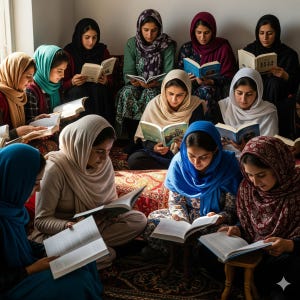 #descrevemospravocê  A imagem mostra um grupo de 14 jovens mulheres sentadas no chão, em um ambiente interno iluminado pela luz natural que entra por uma janela à esquerda. Todas estão concentradas na leitura de livros, com expressões serenas e atentas. Elas usam roupas tradicionais, com vestidos longos e véus cobrindo os cabelos em diferentes cores, como azul, bege, vinho, verde, preto e rosa. O chão está coberto por tapetes com padrões detalhados, que contribuem para um clima acolhedor e culturalmente rico. Algumas das jovens se sentam próximas umas das outras, dividindo pequenos apoios ou bancos baixos para os livros.  O ambiente é simples, com paredes claras e sem muitos objetos ao fundo, o que valoriza a presença das leitoras e a ação de ler como foco principal da cena. A imagem transmite um forte senso de união, aprendizado coletivo e valorização da educação entre mulheres, num espaço de troca e conhecimento.