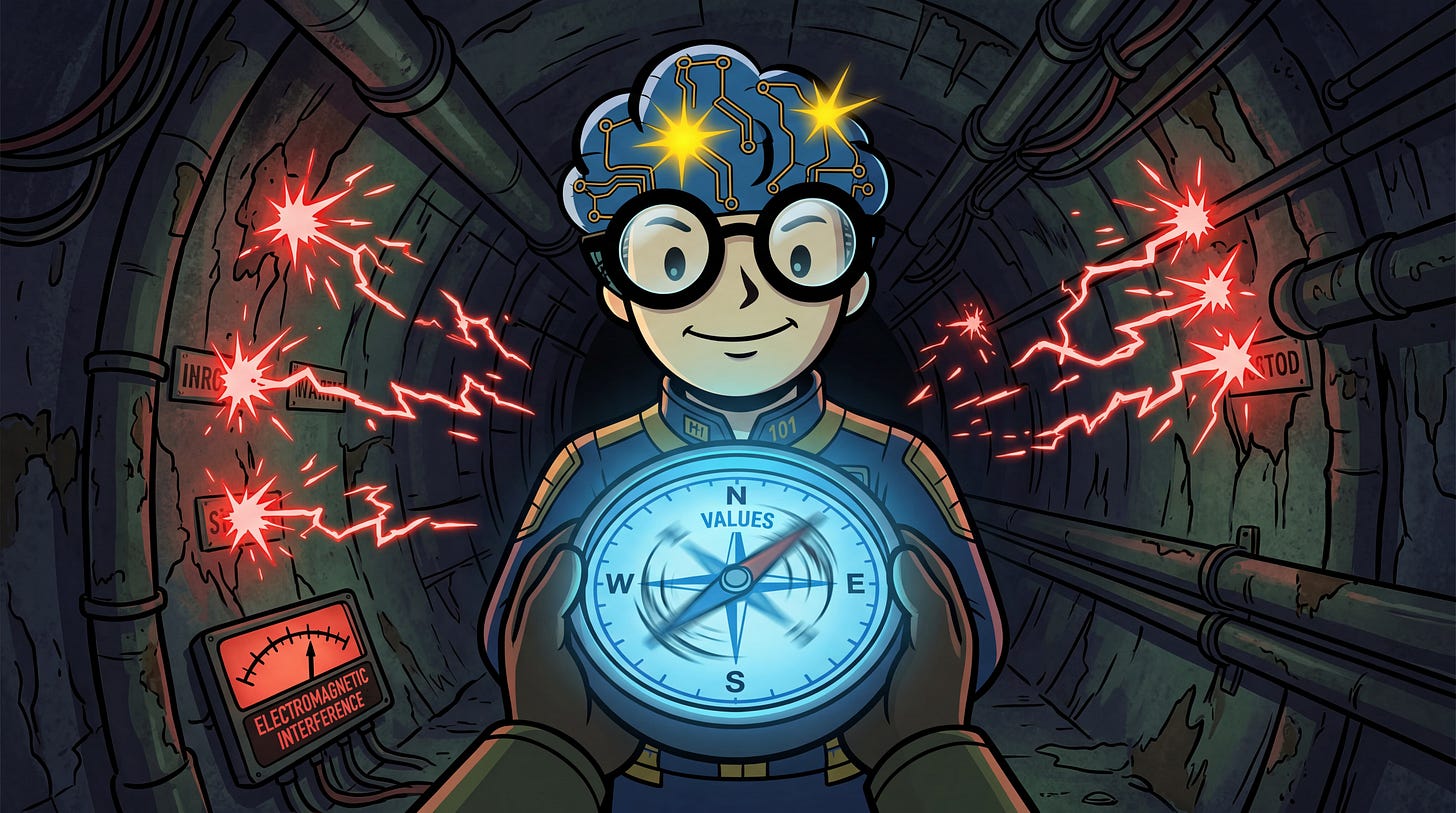 GMIND-BOY utilisant une boussole dans un tunnel industriel perturbé par des interférences, symbolisant le conflit de valeurs.