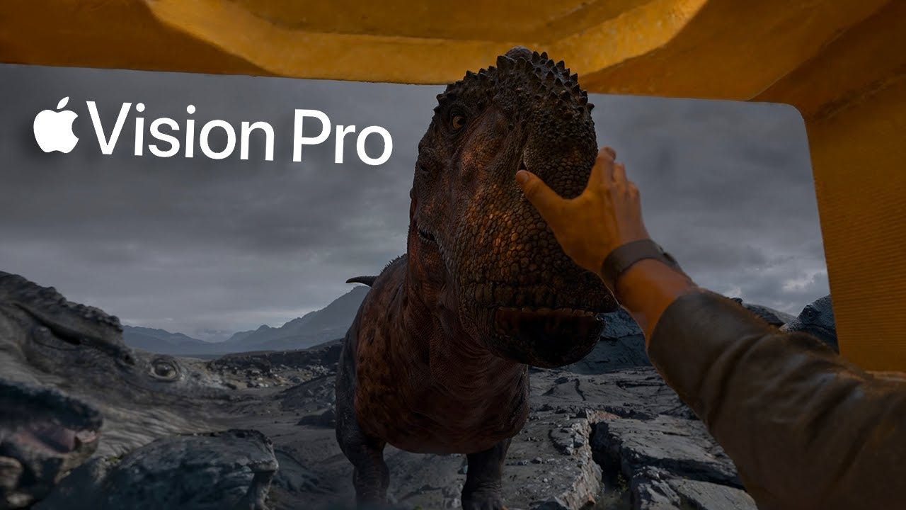 a user screenshot of the Apple Vision Pro "Encounter Dinosaurs" app where a realistic 3D dino is coming out of the wall and the user's hand is trying to pet it