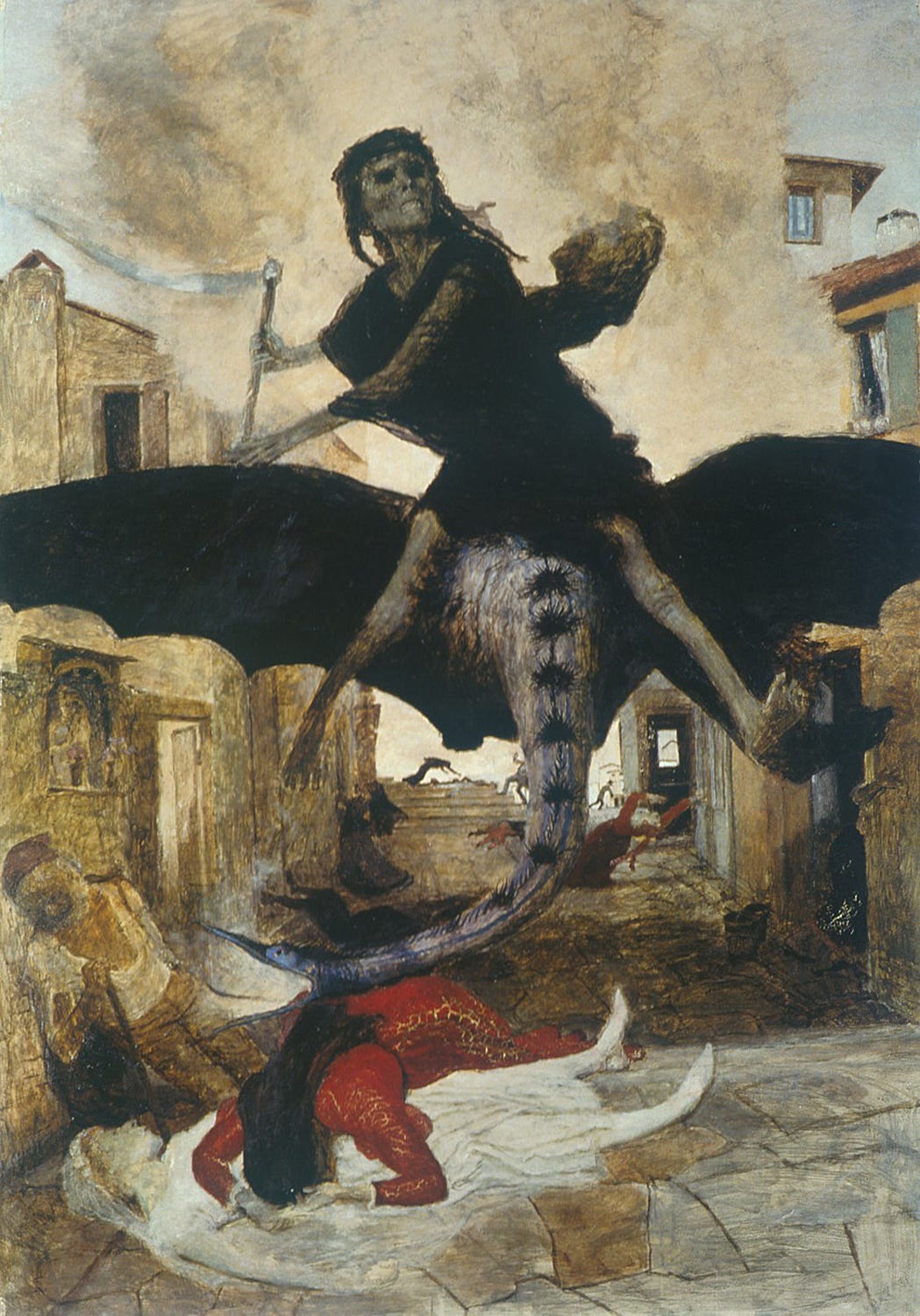 Death riding a winged beast down a medieval street Death riding a winged beast down a medieval street