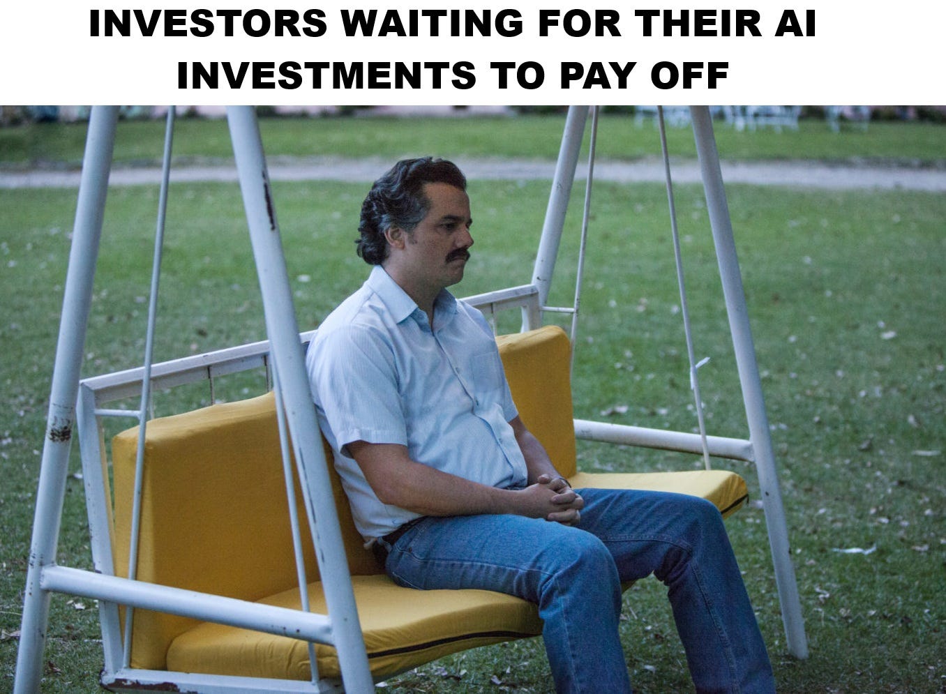 Meme of a man sitting alone on a swing waiting for his investments to finally pay off.