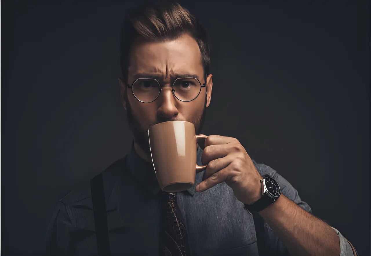 Man drinking a coffee, looking straight into camera with furrowed brow.