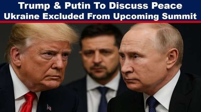 trump putin us russia peace talks ukraine excluded war - The Expose A realistic, dramatic image showing Donald Trump and Vladimir Putin in intense conversation at a formal setting, with Volodymyr Zelensky blurred in the background, symbolizing his exclusion from the talks.