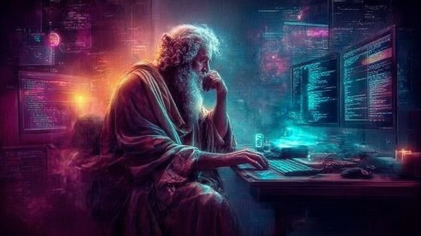 A weathered Roman philosopher sitting at a modern developer's desk
