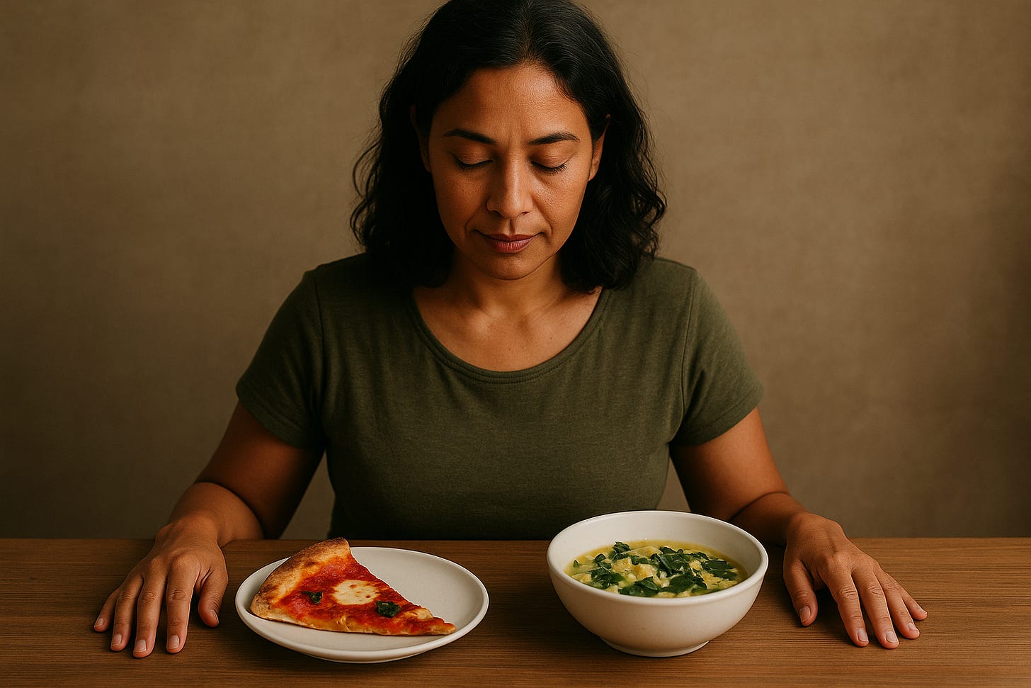 woman at table mindfully choosing between pizza and kitchari