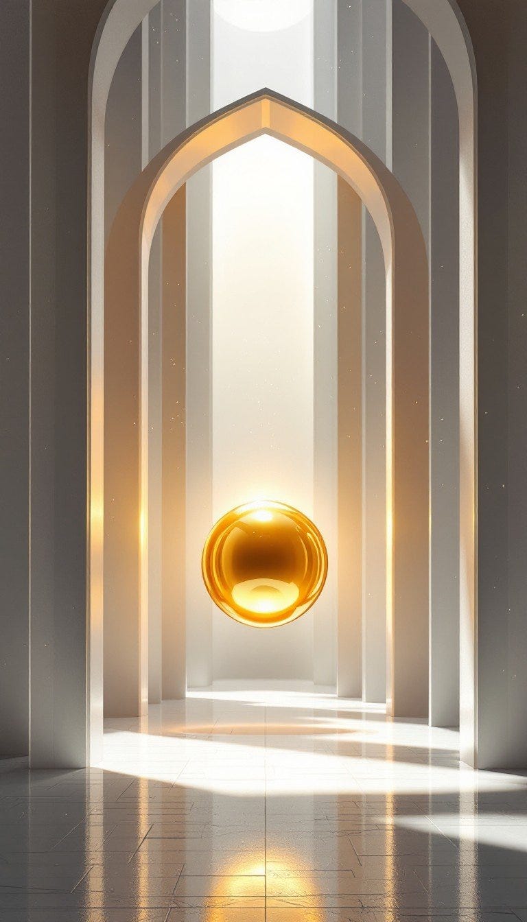 Within a pristine architectural chamber, a radiant golden orb floats mysteriously between towering arches. Soft beams of light filter through the space, creating an ethereal atmosphere enhanced by dancing dust particles. The minimal design features clean lines and perfect symmetry, while subtle reflections on the polished floor mirror the sacred-like scene above. This blend of classical architecture and otherworldly elements creates a space that feels both ancient and futuristic.