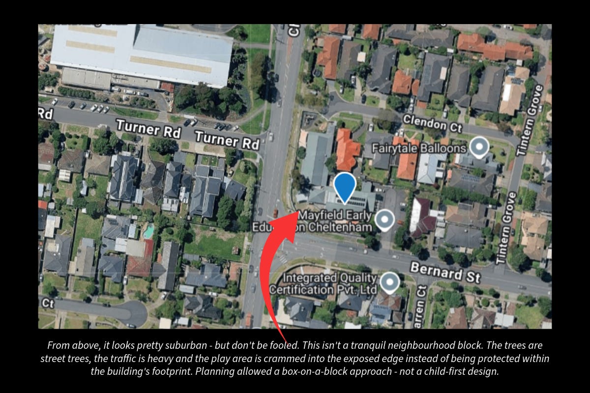 Aerial and street views of 1A Bernard Street, Cheltenham — a childcare centre surrounded by high-traffic intersections and heavy vehicle routes.