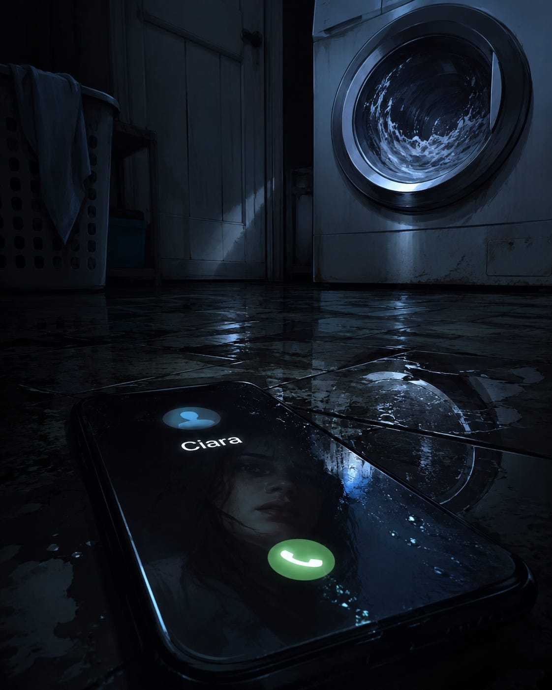 Low-angle illustration of a smartphone on a wet laundry room floor showing an incoming call from “Ciara,” with a front-load washer glowing ominously in the dark background and a faint distorted face reflected in the phone glass.