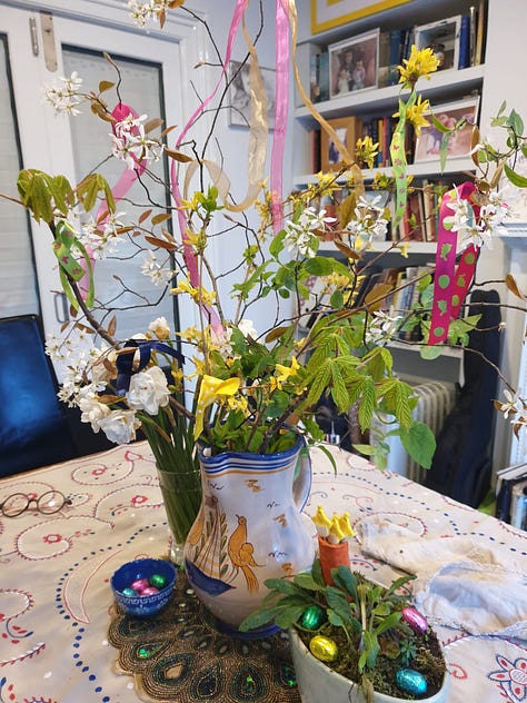 Images of Easter - a pond, flowers a cake