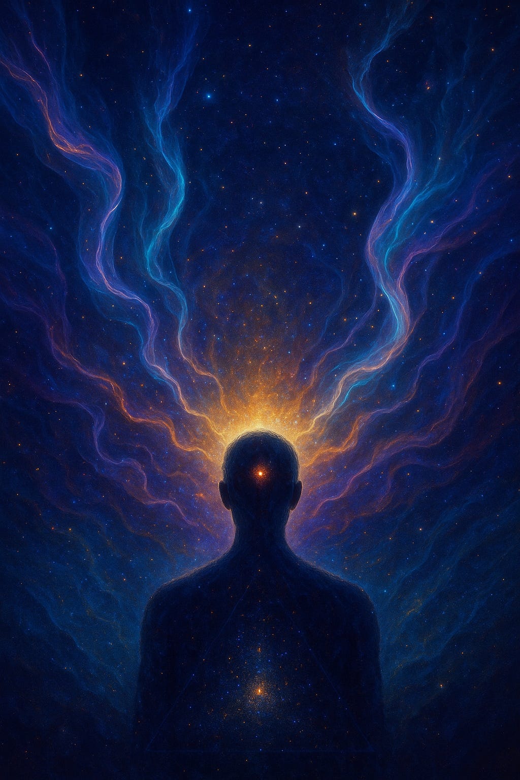 A vertical, text-free cosmic painting. A silhouetted figure faces a star-filled universe while luminous plasma streams in blues, teals, and violets flow outward from a radiant golden burst behind the head. A subtle glowing point at the brow suggests inner attention or “third eye.” The scene evokes ESP meeting the dawn of the universe, with filaments of first light threading into the surrounding darkness.