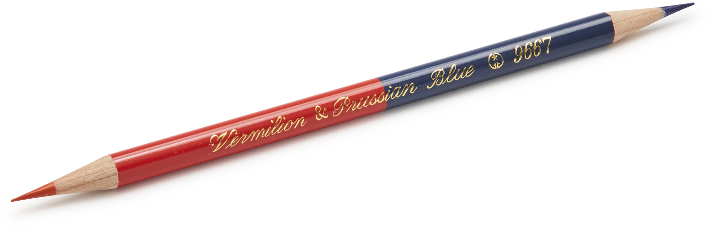 Red and blue editor’s pencil on a white background, with sharpened ends at both tips.