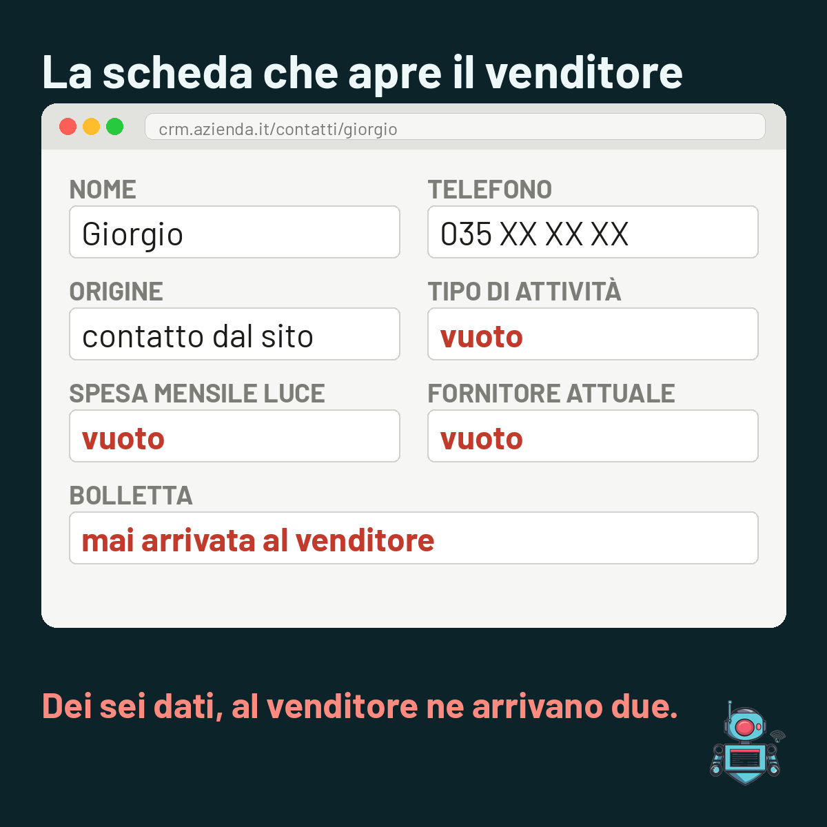 Scheda contatto del CRM con solo nome, telefono e origine dal sito: il resto del modulo non è arrivato al venditore Scheda contatto del CRM con solo nome, telefono e origine dal sito: il resto del modulo non è arrivato al venditore