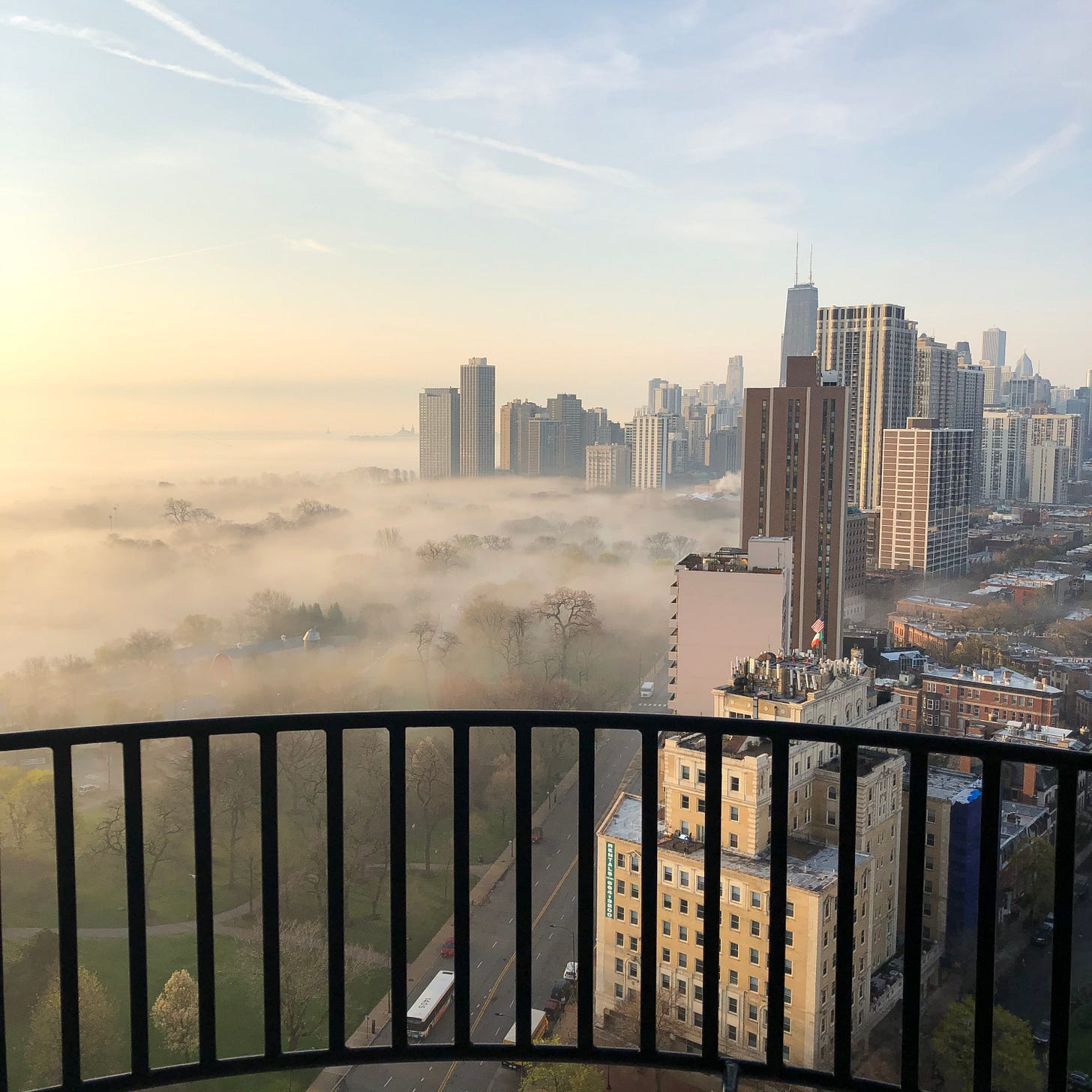 The Chicago skyline wrapped in fog.