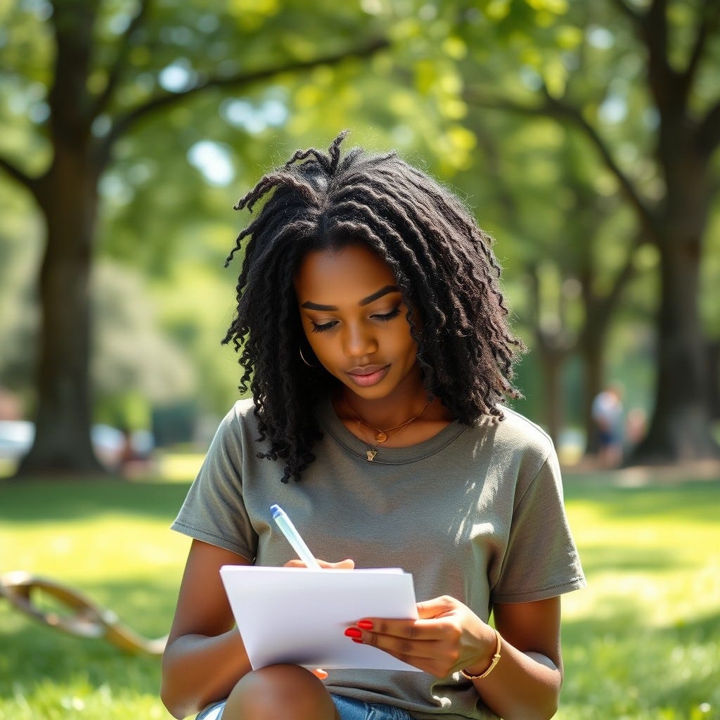 Young, youthful African American Woman wearing a tshirt with all black hair writing a letter in the summertime in the park writing a letter