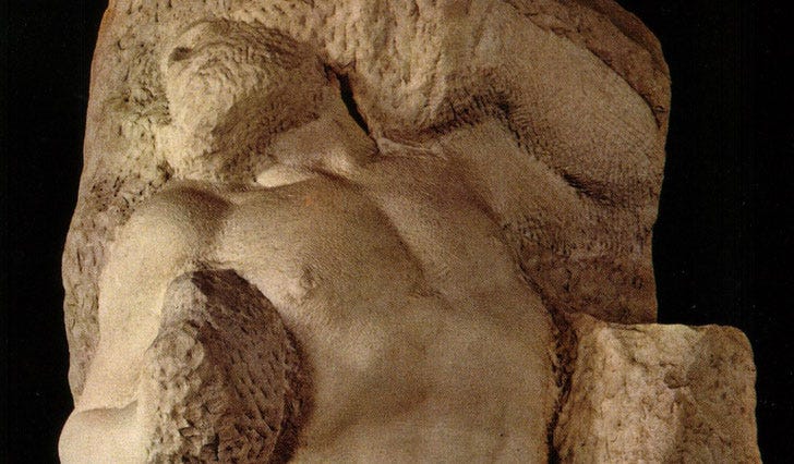 Michelangelo, Schiavo che si ridesta (Awakening Slave), Galleria dell'Accademia, Florence: a torso half freed from the marble Michelangelo, Schiavo che si ridesta (Awakening Slave), Galleria dell'Accademia, Florence: a torso half freed from the marble
