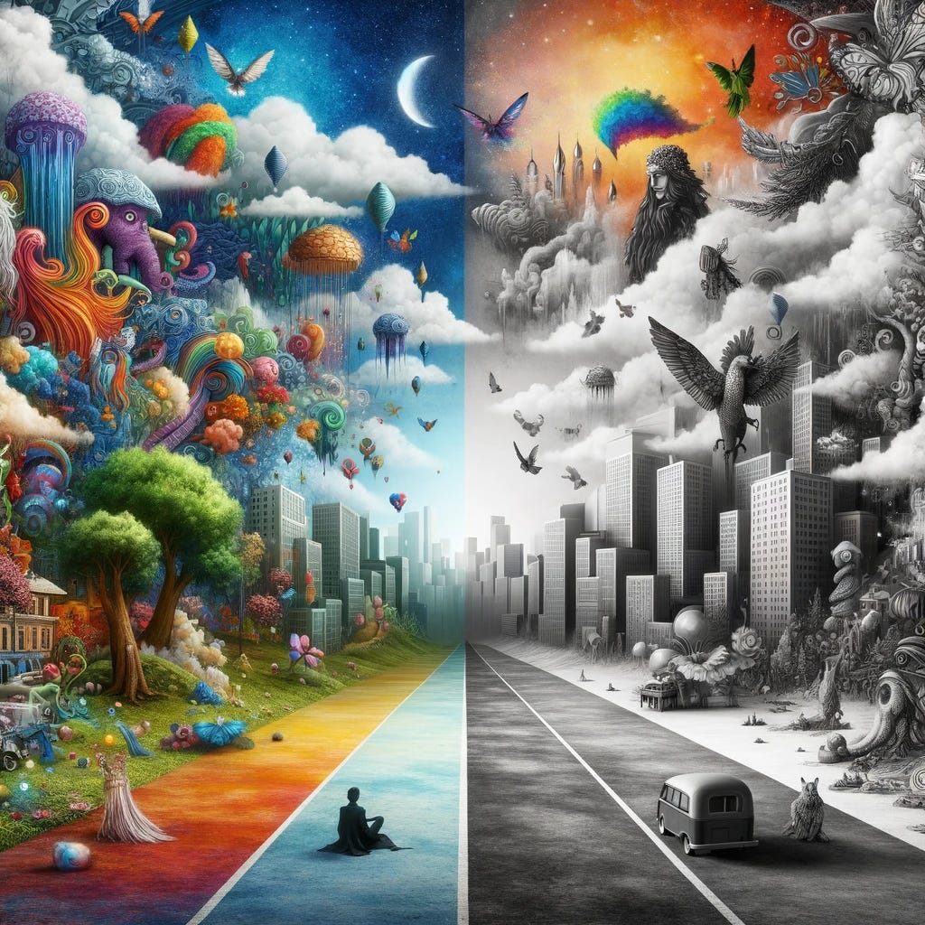 An image inspired by the concept of dreams being mystical and magical, contrasting with the modern, rational world. The scene is split into two halves: one side depicts a vibrant, fantastical dreamscape filled with imaginative and surreal elements, like floating islands, mythical creatures, and whimsical colors. The other half shows a monochromatic, orderly modern cityscape, representing the hyperrational and disenchanted world. The transition between the two worlds is seamless, symbolizing how dreams bridge the gap between fantasy and reality, offering a burst of creativity and mysticism in our everyday life. An image inspired by the concept of dreams being mystical and magical, contrasting with the modern, rational world. The scene is split into two halves: one side depicts a vibrant, fantastical dreamscape filled with imaginative and surreal elements, like floating islands, mythical creatures, and whimsical colors. The other half shows a monochromatic, orderly modern cityscape, representing the hyperrational and disenchanted world. The transition between the two worlds is seamless, symbolizing how dreams bridge the gap between fantasy and reality, offering a burst of creativity and mysticism in our everyday life.