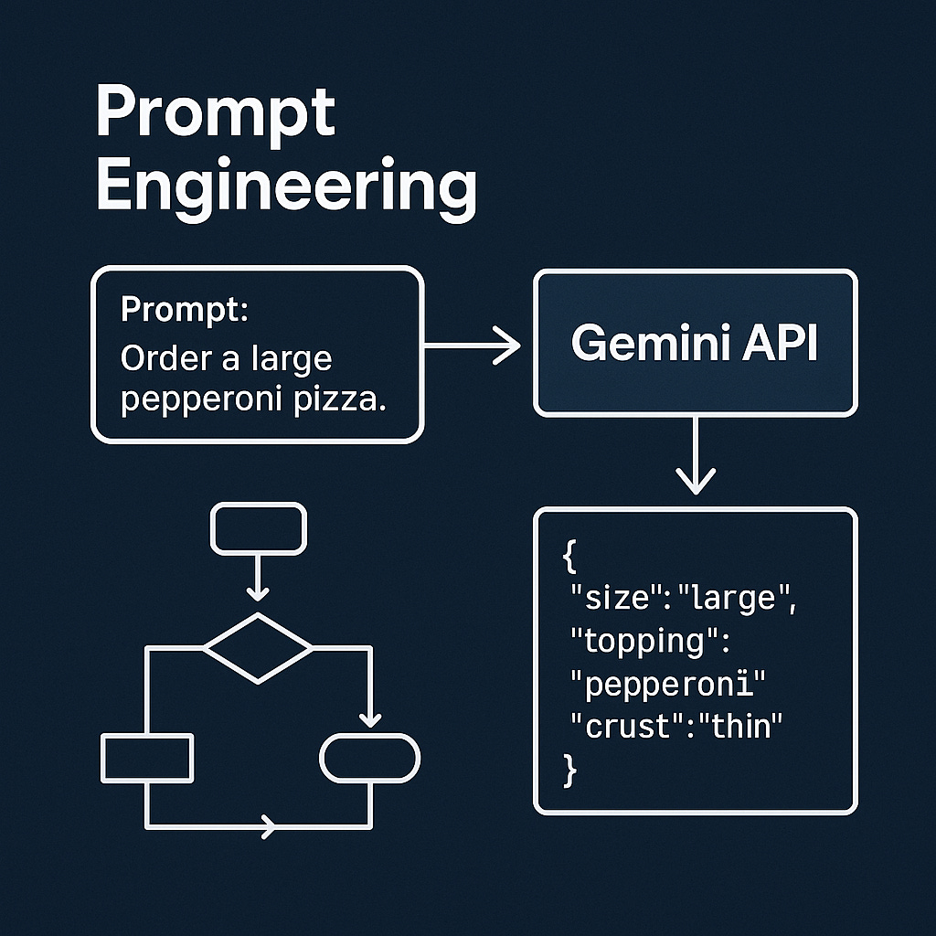 A 2D digital illustration infographic shows the process of prompt engineering with the Gemini API. A speech bubble with a pizza order flows into the Gemini API, which outputs structured JSON. The diagram is styled in white and bright blue against a dark blue background.