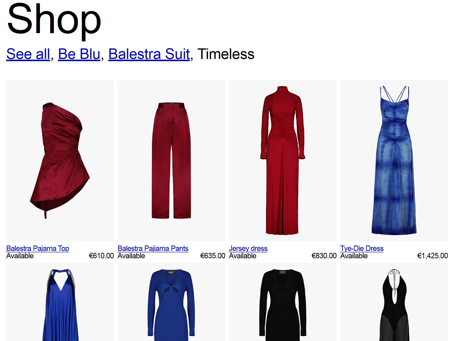 Shop section on the Balestra website