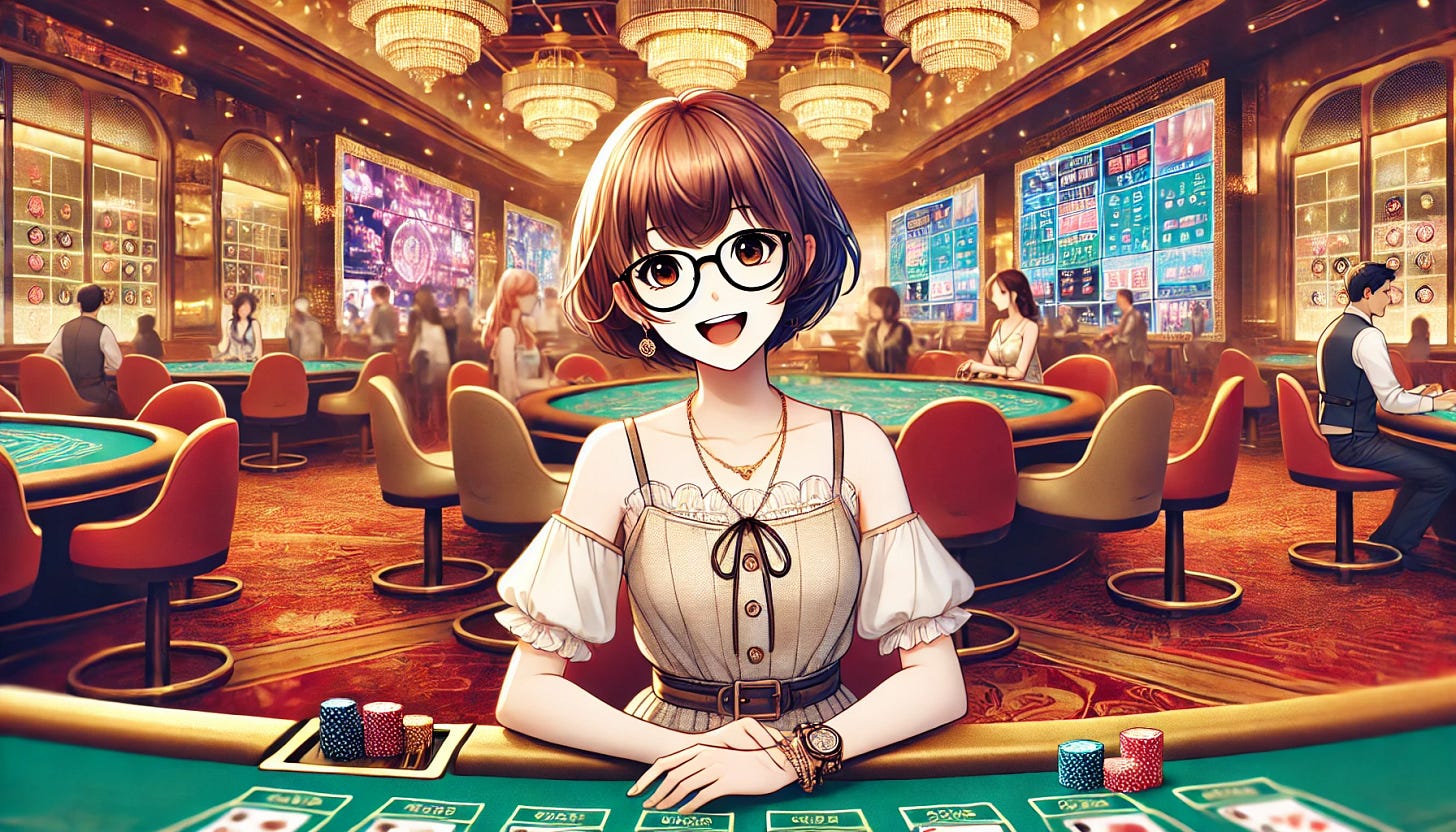 A 2D anime-style illustration featuring a Japanese woman with short hair and glasses. She is seated at a baccarat table in a lively casino setting, appearing cheerful and engaged in the game. The background includes multiple digital signage screens displaying vibrant graphics and advertisements. The casino atmosphere is bustling, with warm lighting and luxurious decor, including a chandelier and other players in the distance. The woman is wearing a stylish outfit suitable for an evening out, with subtle accessories. The overall mood is fun and glamorous.