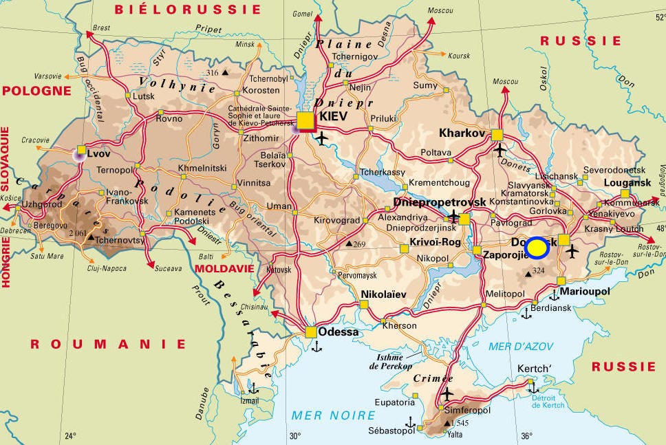 Ukraine, carte géographique, villes, 2022