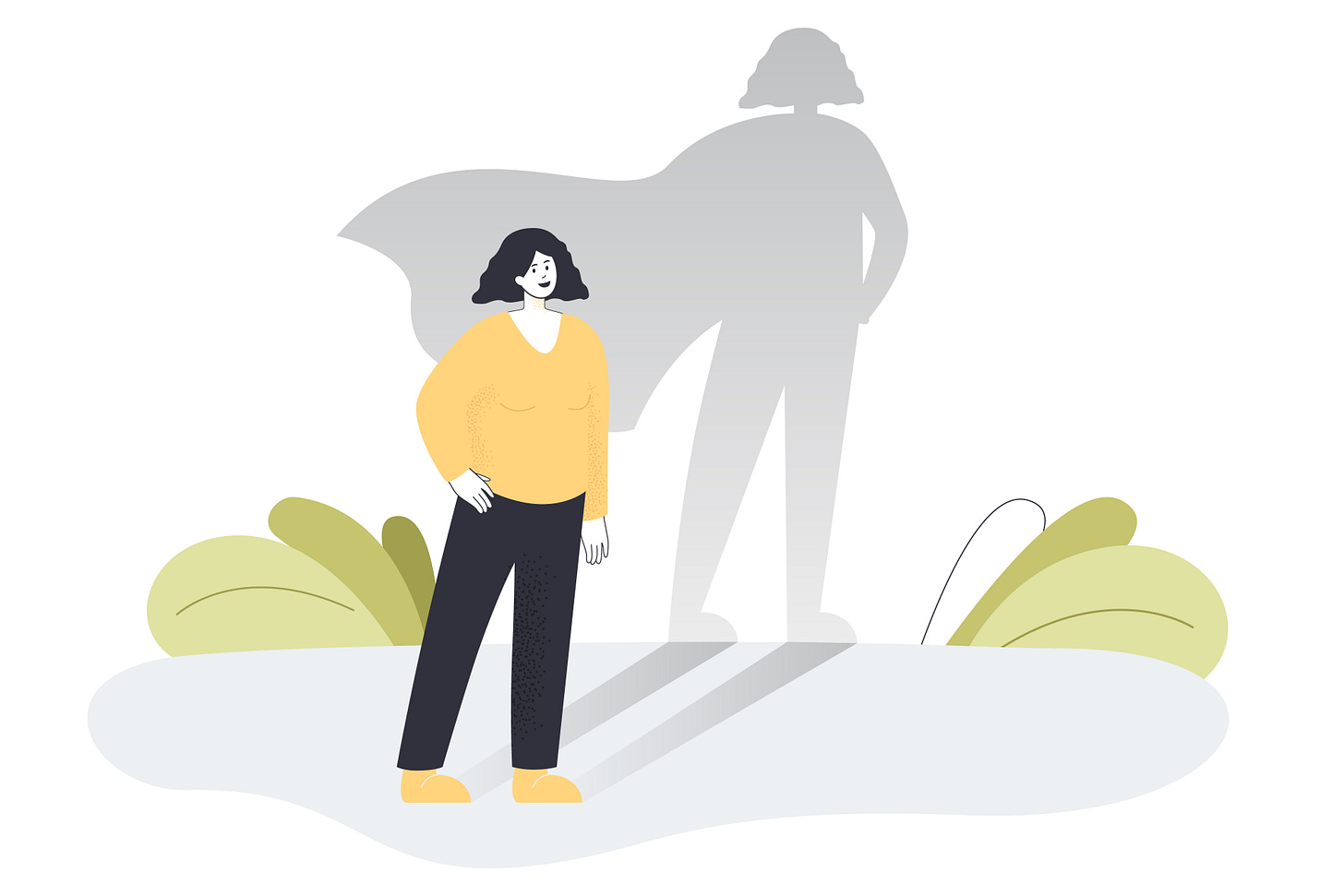 Brave fearless woman standing with invincible superhero shadow. power, courage and bravery of female strong leader flat vector illustration. feminism, successful leadership and emancipation concept