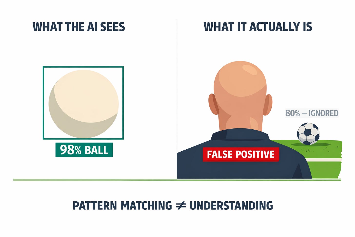 Editorial cover showing the iconic bald-head-vs-soccer-ball misidentification — a split comparison of what an AI camera sees versus physical reality, capturing the article's central metaphor.