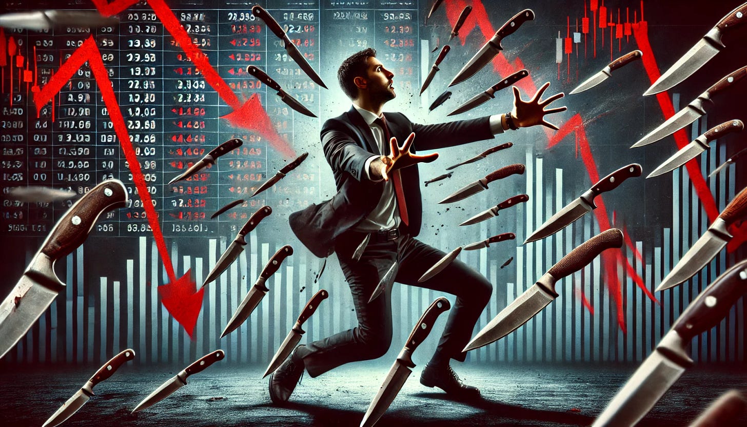 A dramatic digital illustration of a stock trader attempting to catch multiple falling knives in midair. The trader, dressed in a suit, has a tense and determined expression, reaching out with both hands as sharp knives fall around him. The background features a financial market screen with red downward-trending graphs and stock tickers, emphasizing the market downturn. The scene is dynamic, with motion blur on the knives to enhance the sense of danger. The overall color tone is dark and moody, with strong lighting on the trader and knives for dramatic effect.