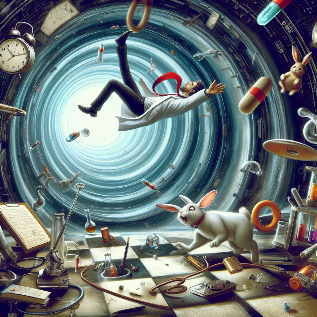 a scientist getting sucked into a glowing wormhole-like artifice, that is populated with a bunch of detritus and a few rabbits.  the rabbit in front looks TERRIFIED.