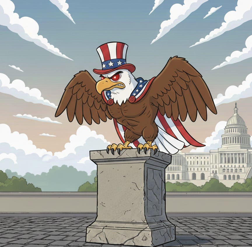 Cartoon image of an American bald eagle looking angry and vindictive. 