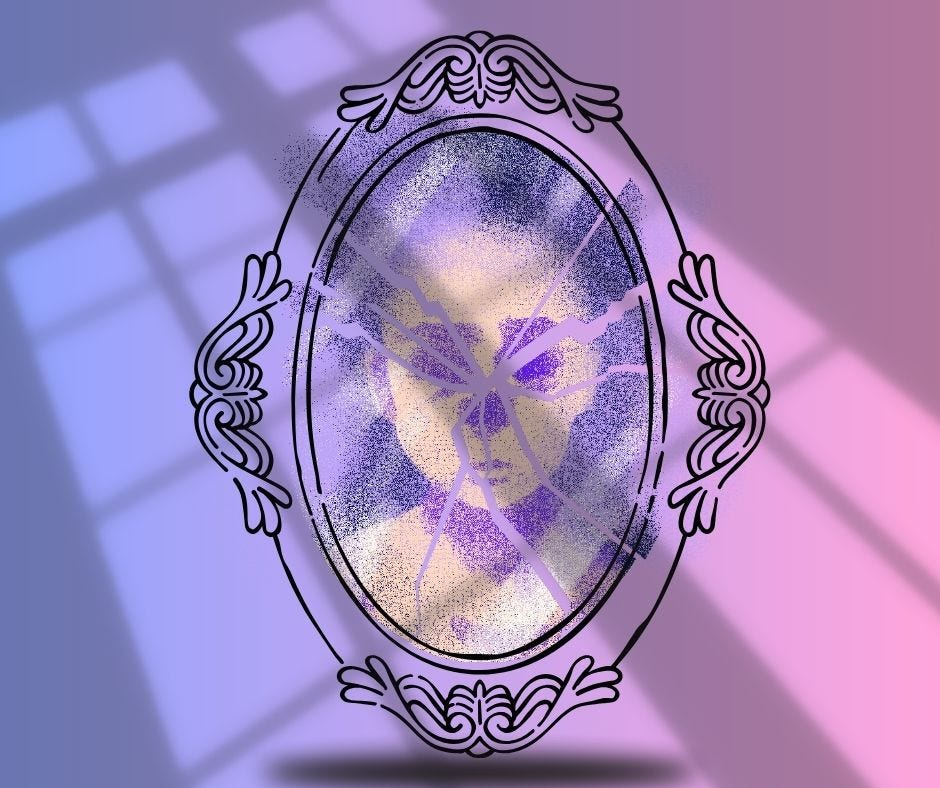 A person with pale skin reflected in a broken mirror, the frame is a black outline, there is a shadow beneath the mirror. The background is a lavender to light pink gradient (from left to right), and light is cast across the image, as though coming through a glass window. 